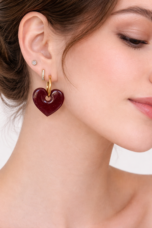 Boucles d’oreilles interchangeables cœurs grenat pailletés (vendues sans créoles)