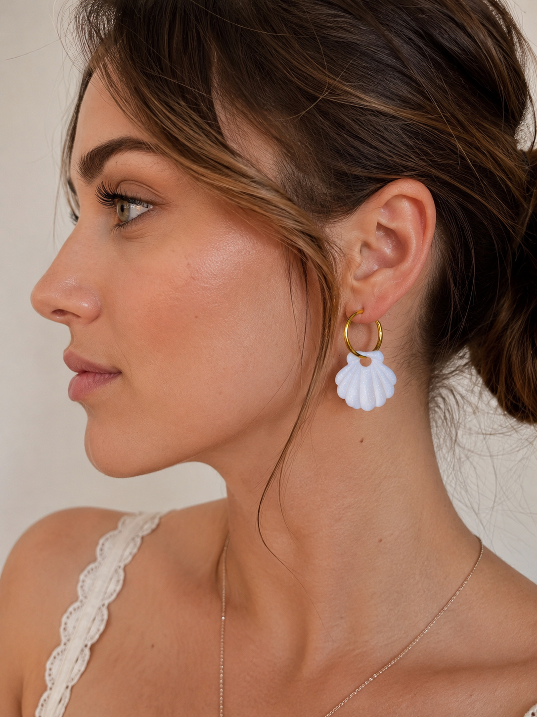 Pampilles Coquillage blanc pailleté – boucles d'oreilles interchangeables femme (vendues sans créoles)