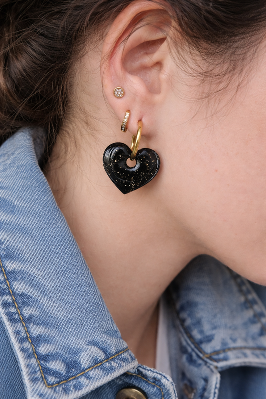 Boucles d’oreilles interchangeables cœurs noirs pailletés dorés (vendues sans créoles)