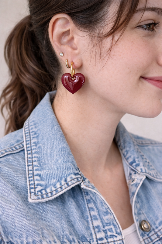 Boucles d’oreilles interchangeables cœurs bordeaux – (vendues sans créoles)
