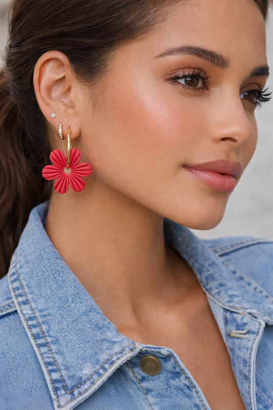 Pampilles fleurs rouges – boucles d’oreilles interchangeables femme (vendues sans créoles)