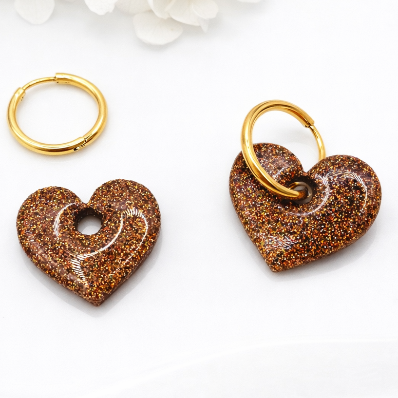 Boucles d'oreilles interchangeables cœurs bronze pailleté – (vendues sans créoles)