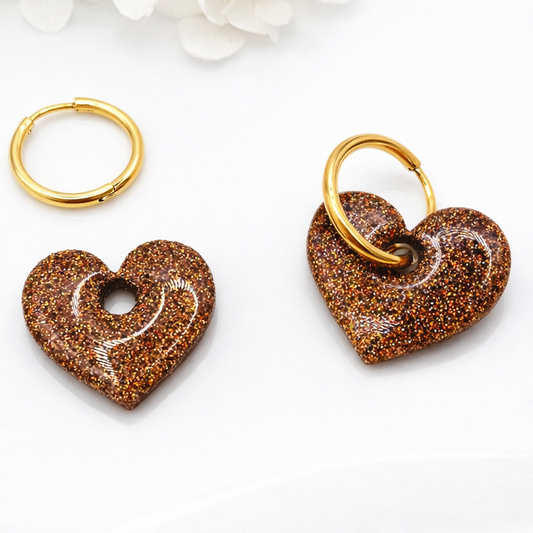 Boucles d'oreilles interchangeables cœurs bronze pailleté – (vendues sans créoles)