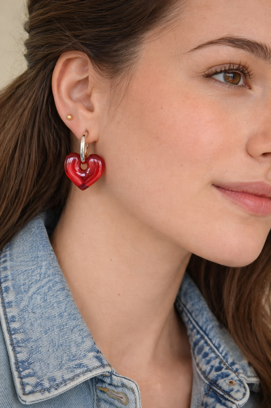 Boucles d'oreilles interchangeables cœurs rouge rubis marbrés – (vendues sans créoles)
