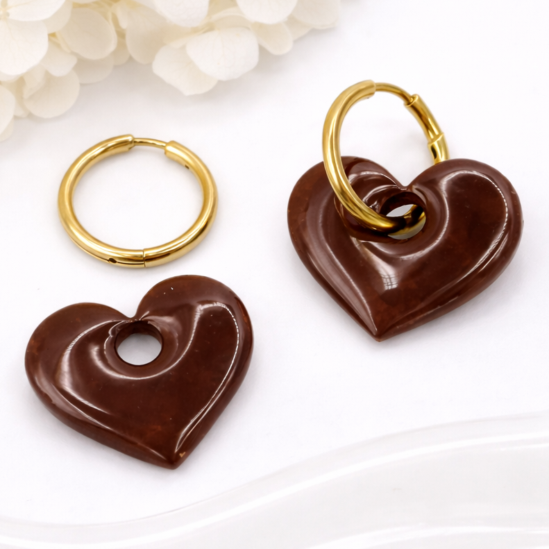 Boucles d'oreilles interchangeables cœurs marron chocolat – (vendues sans créoles)