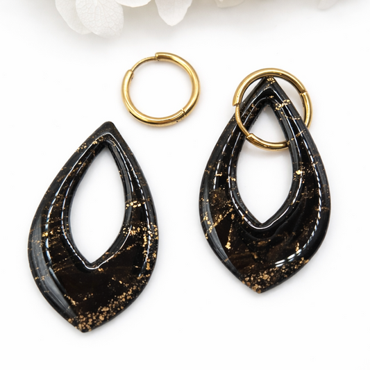 Boucles d’oreilles interchangeables ORIA noir et or marbrés (vendues sans créoles)