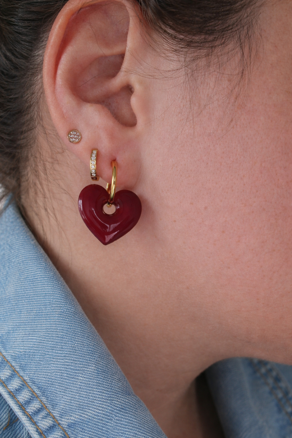 Boucles d’oreilles interchangeables petits cœurs bordeaux – (vendues sans créoles)