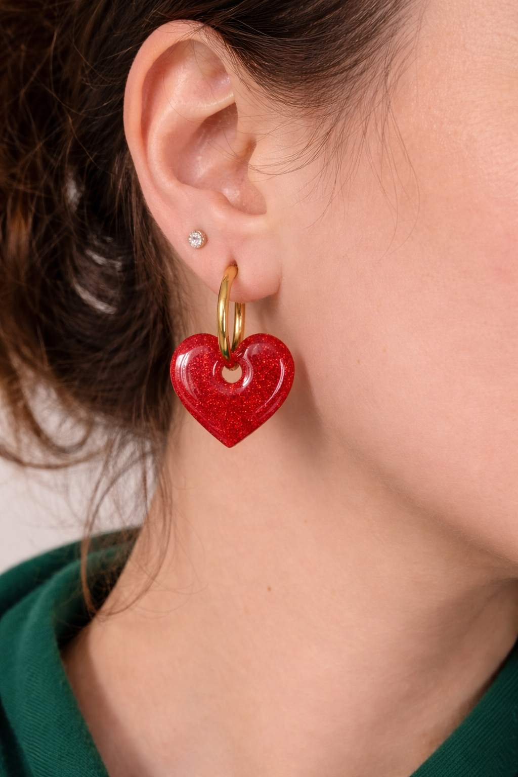 Boucles d’oreilles interchangeables cœurs rouges pailletés (vendues sans créoles)