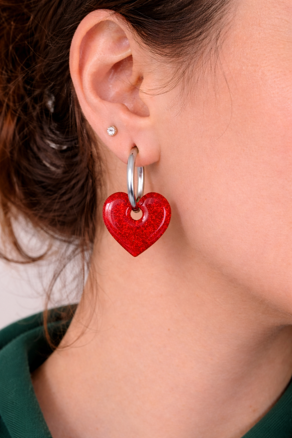 Boucles d’oreilles interchangeables cœurs rouges pailletés (vendues sans créoles)