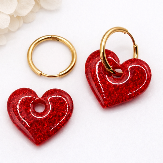 Boucles d’oreilles interchangeables cœurs rouges pailletés (vendues sans créoles)