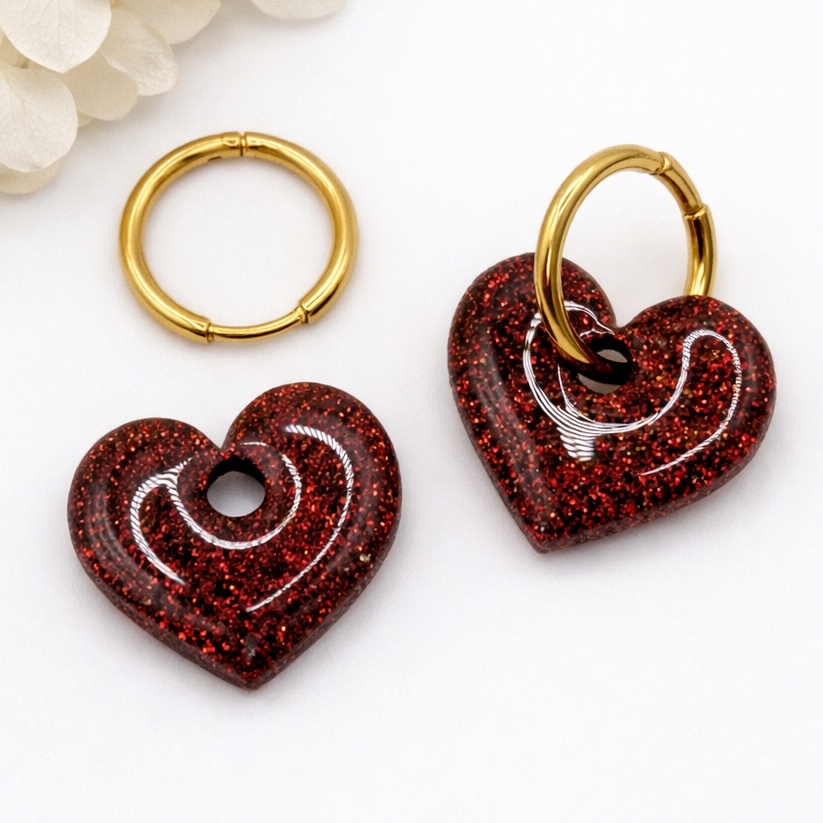 Boucles d’oreilles interchangeables cœurs marron pailletés – (vendues sans créoles)