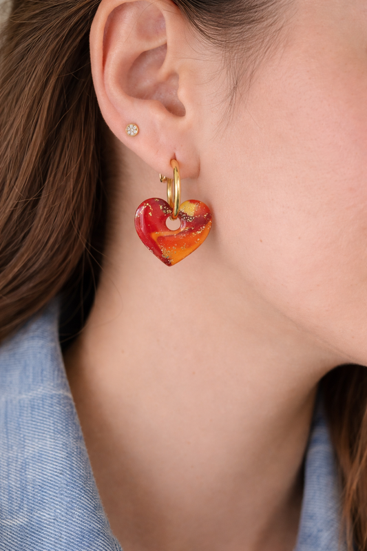 Boucles d'oreilles interchangeables cœurs rouge orangé pailleté SOLEA – vendues sans créoles)