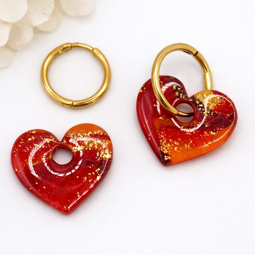 Boucles d'oreilles interchangeables cœurs rouge orangé pailleté SOLEA – vendues sans créoles)