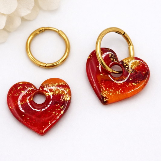 Boucles d'oreilles interchangeables cœurs rouge orangé pailleté SOLEA – vendues sans créoles)