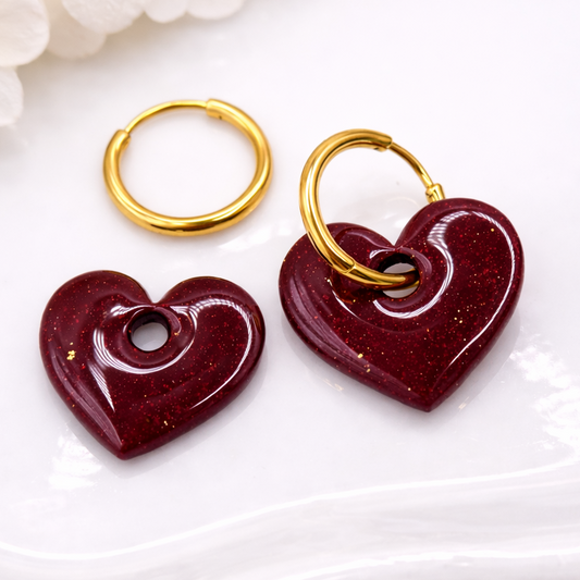 Boucles d’oreilles interchangeables cœurs grenat pailletés (vendues sans créoles)