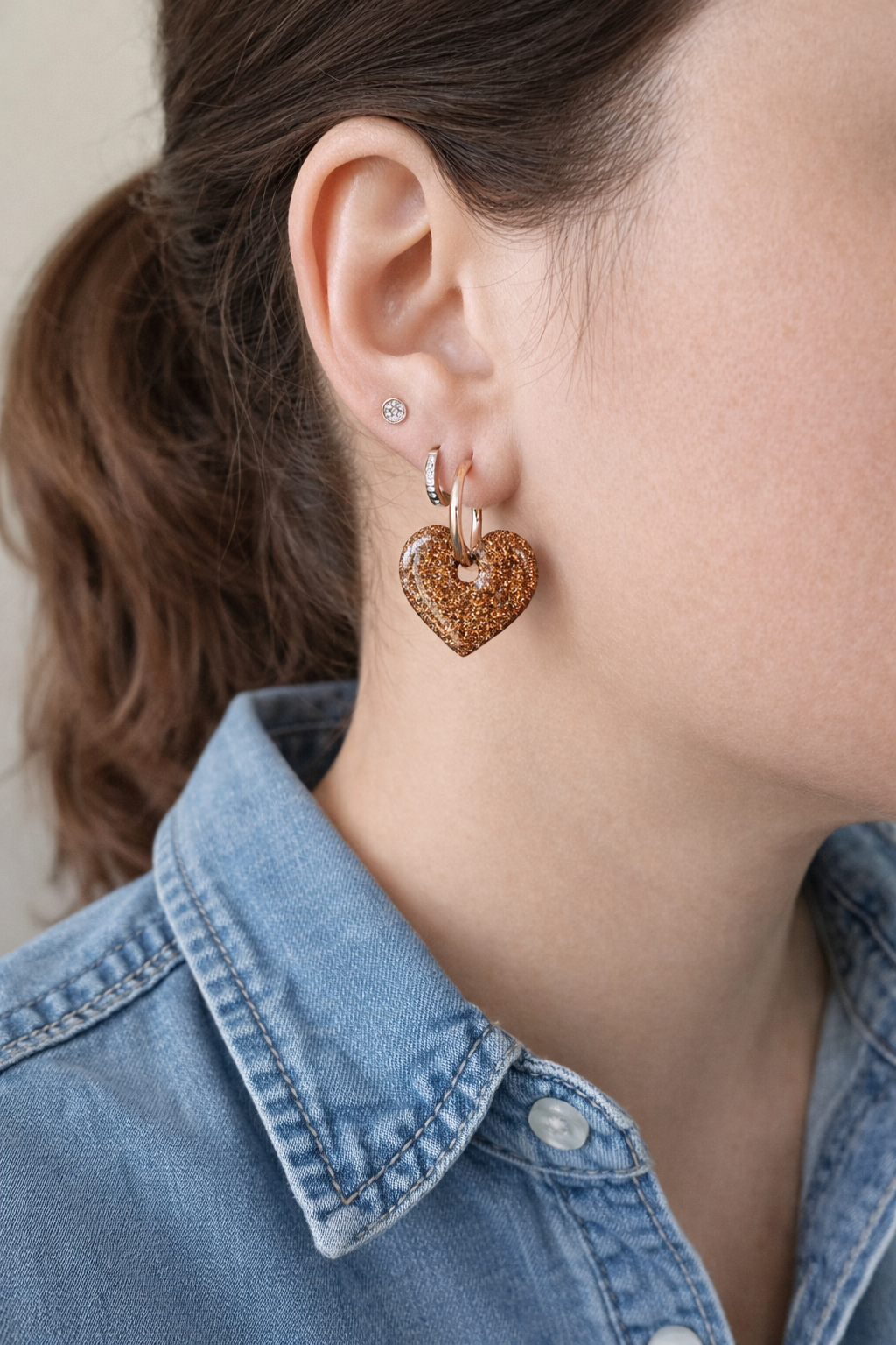 Boucles d'oreilles interchangeables cœurs bronze pailleté – (vendues sans créoles)