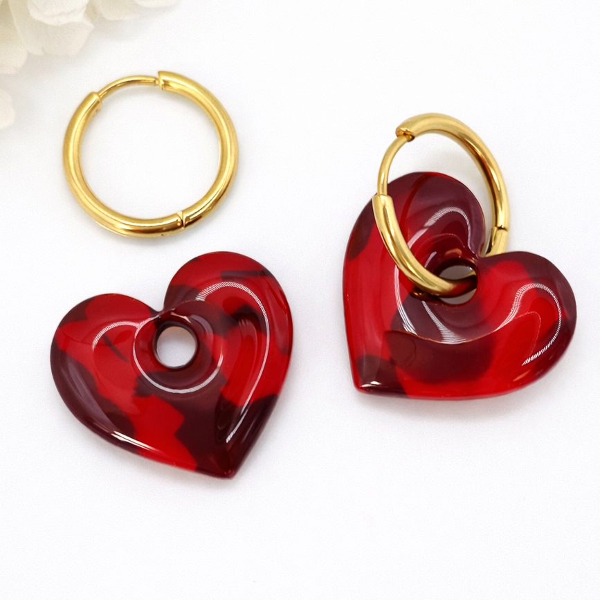 Boucles d'oreilles interchangeables cœurs rouge rubis marbrés – (vendues sans créoles)