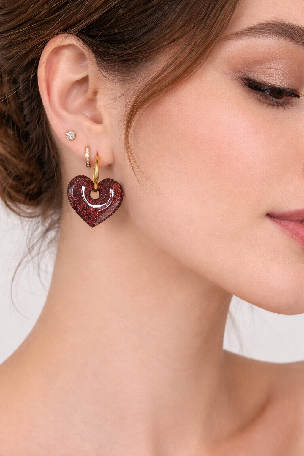 Boucles d’oreilles interchangeables cœurs marron pailletés – (vendues sans créoles)