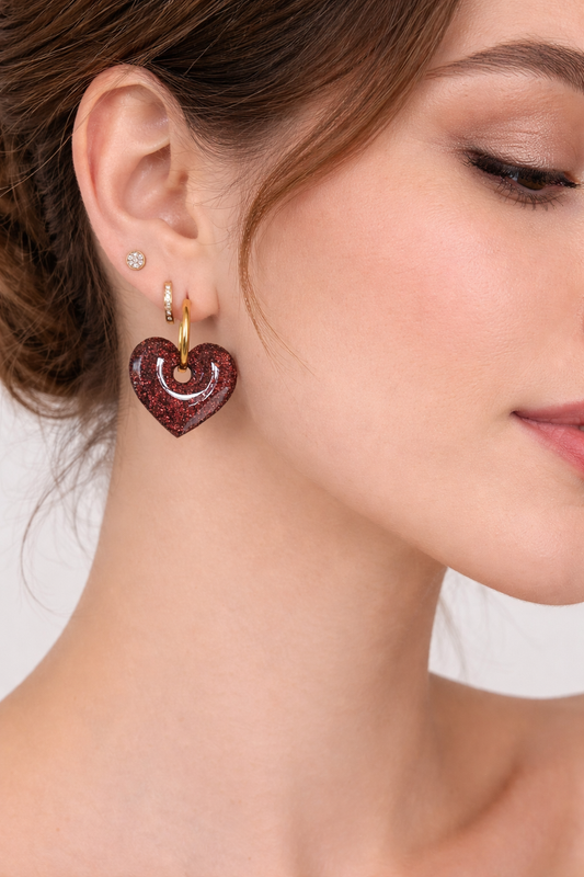 Boucles d’oreilles interchangeables cœurs marron pailletés – (vendues sans créoles)