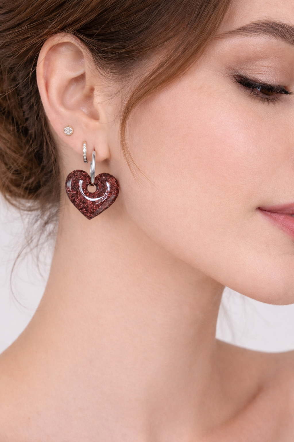 Boucles d’oreilles interchangeables cœurs marron pailletés – (vendues sans créoles)