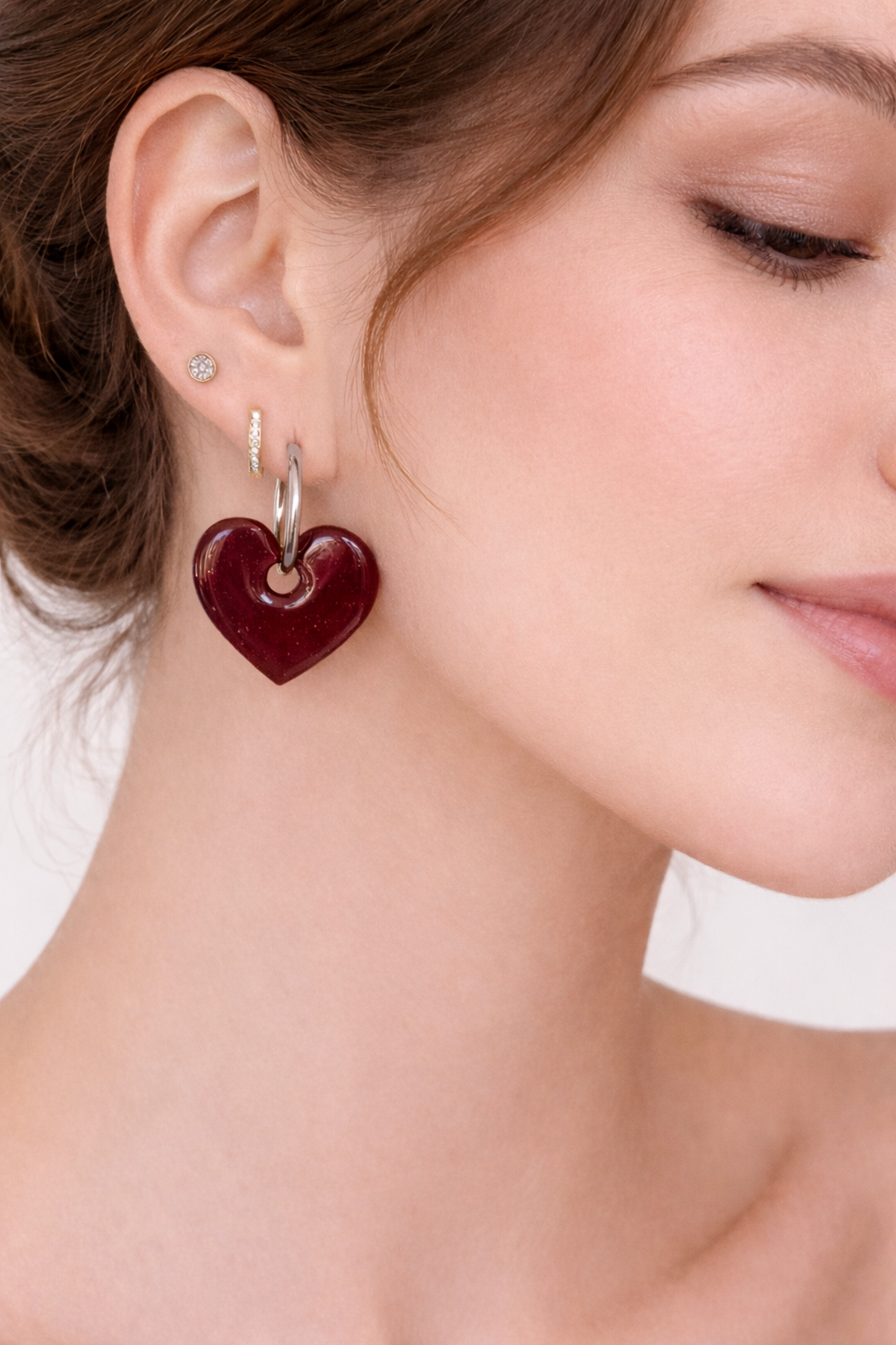 Boucles d’oreilles interchangeables cœurs grenat pailletés (vendues sans créoles)