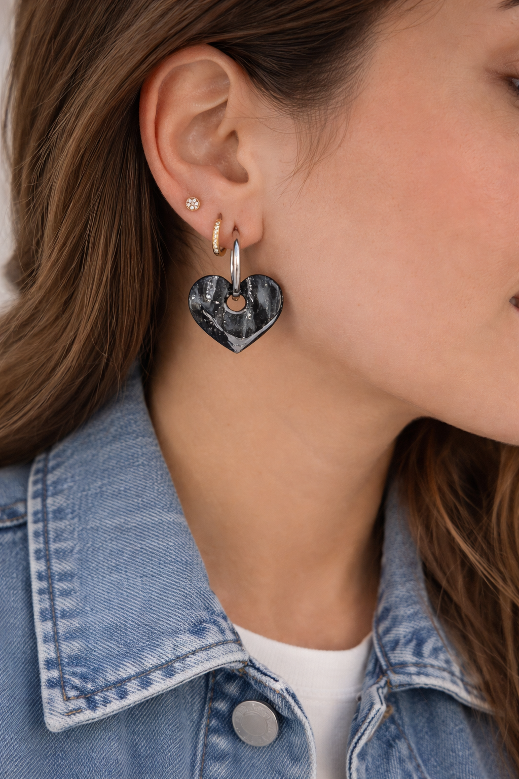 Boucles d’oreilles interchangeables cœurs noirs et argentés (vendues sans créoles)