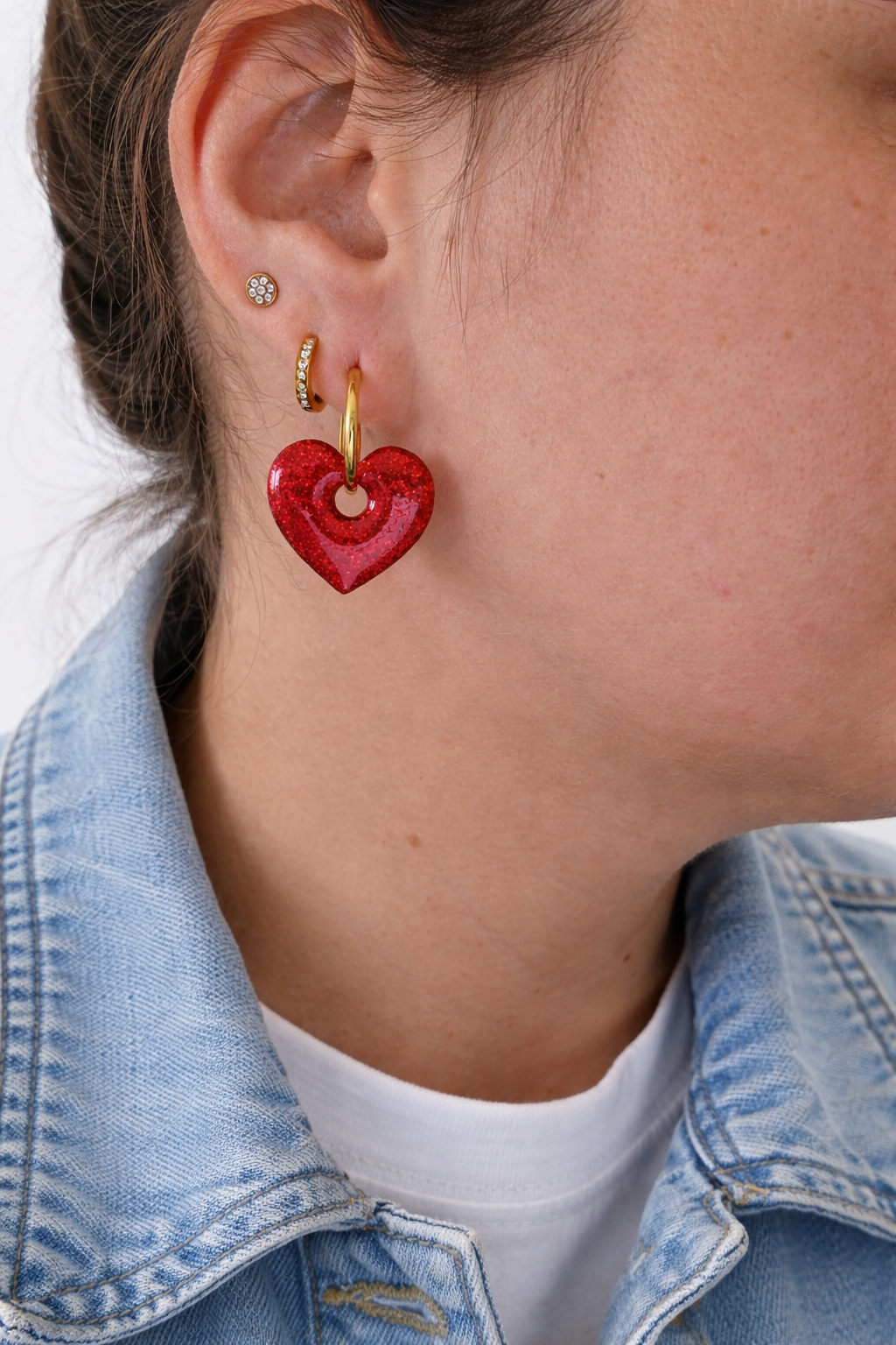 Boucles d’oreilles interchangeables petits cœurs rouges pailletés (vendues sans créoles)