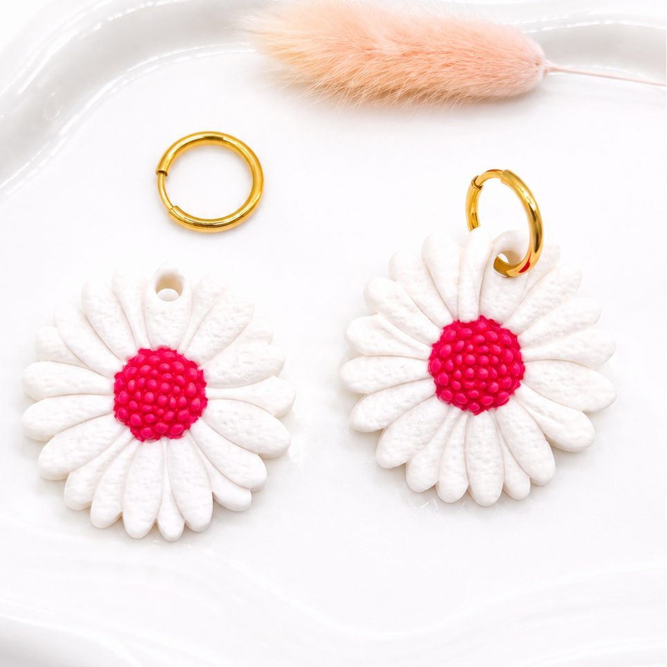 Pampilles marguerites rose fushia– boucles d’oreilles interchangeables femme (vendues sans créoles)