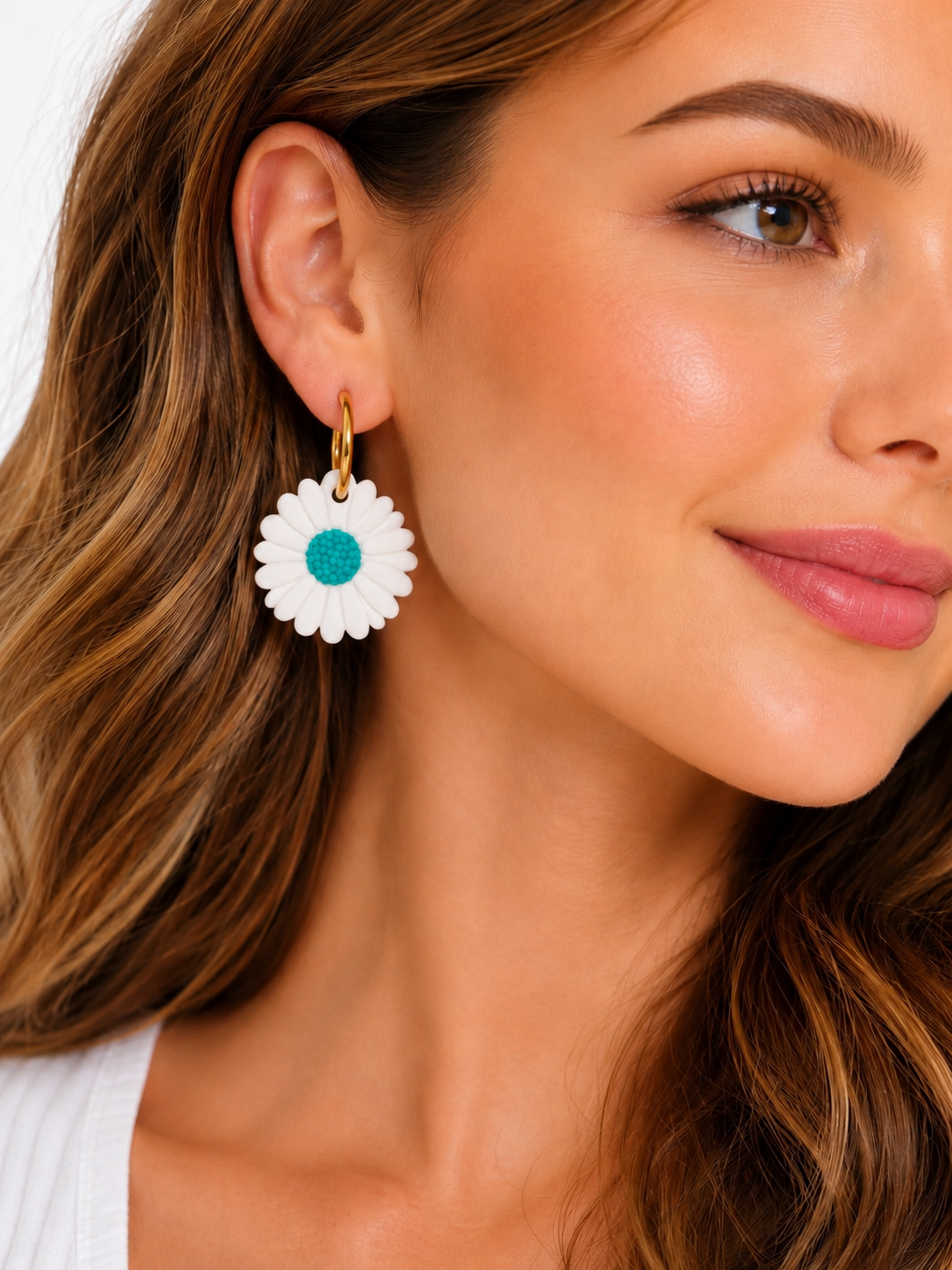 Pampilles marguerites turquoises – boucles d’oreilles interchangeables femme (vendues sans créoles)