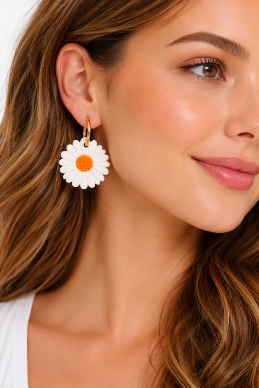 Pampilles marguerites oranges – boucles d’oreilles interchangeables femme (vendues sans créoles)