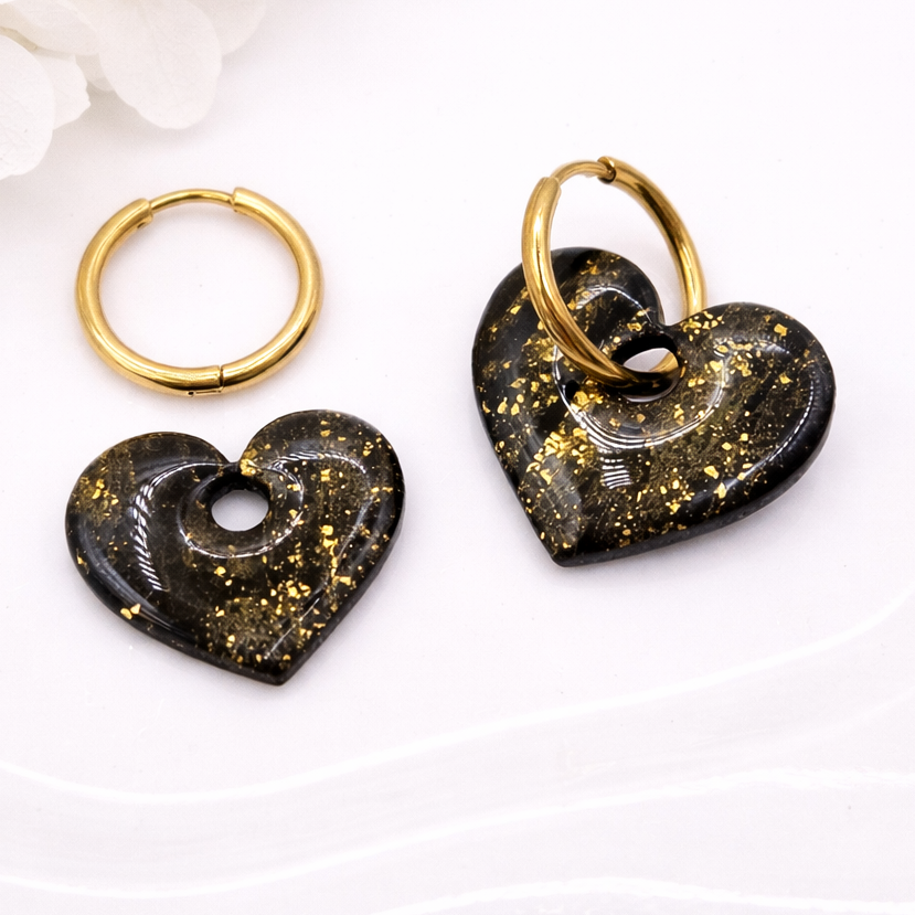 Boucles d'oreilles interchangeables cœurs noir et or – (vendues sans créoles)