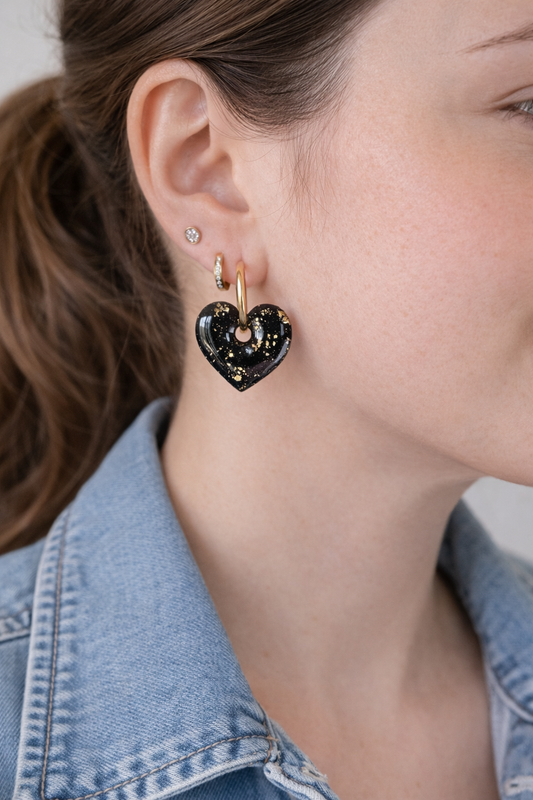 Boucles d'oreilles interchangeables cœurs noir pailleté or – (vendues sans créoles)