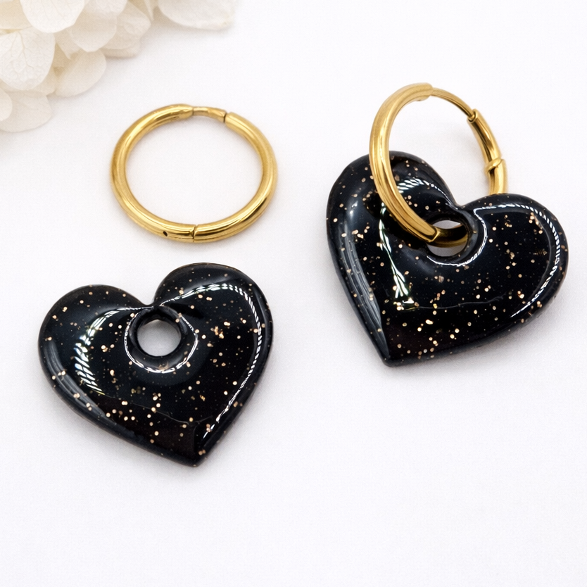 Boucles d’oreilles interchangeables cœurs noirs pailletés dorés (vendues sans créoles)