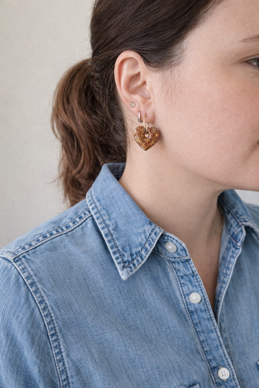 Boucles d'oreilles interchangeables cœurs bronze pailleté – (vendues sans créoles)