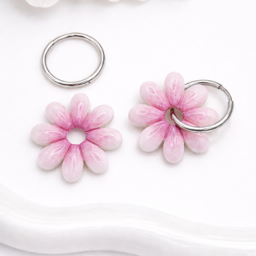 Pampilles marguerites roses – boucles d’oreilles interchangeables femme (vendues sans créoles)