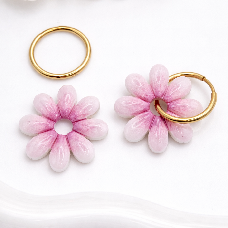 Pampilles marguerites roses – boucles d’oreilles interchangeables femme (vendues sans créoles)