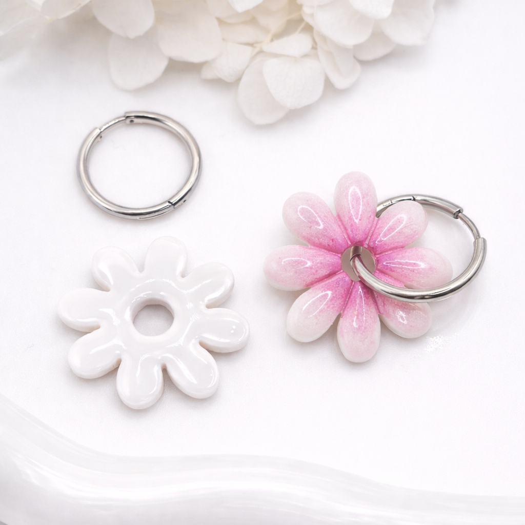 Pampilles marguerites roses – boucles d’oreilles interchangeables femme (vendues sans créoles)