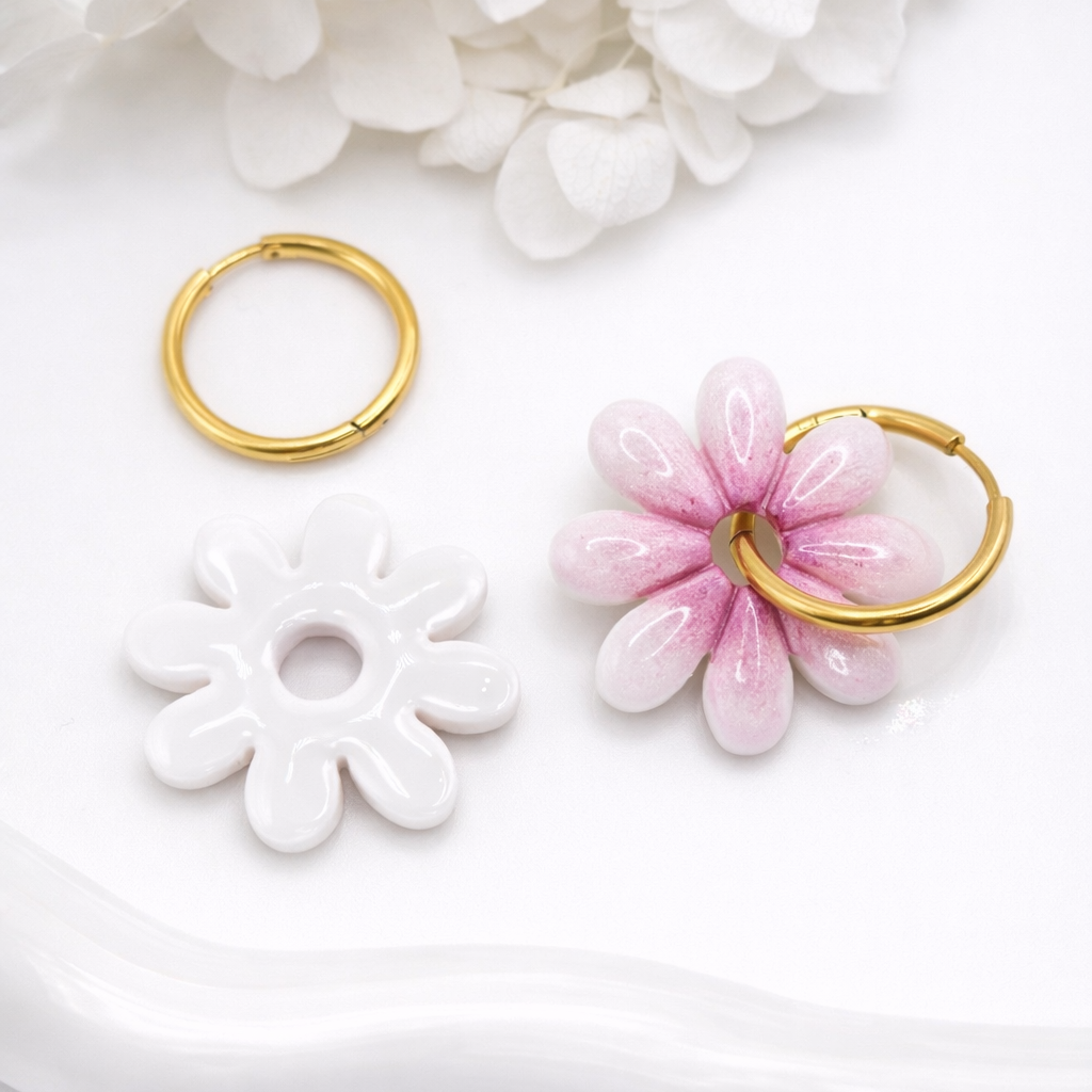 Pampilles marguerites roses – boucles d’oreilles interchangeables femme (vendues sans créoles)
